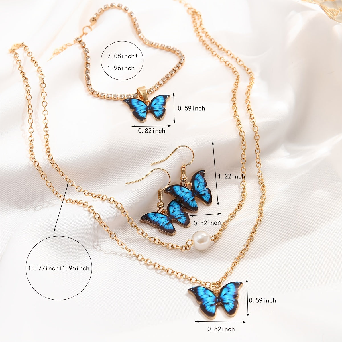 4 pc Butterfly Pendant Jewelry Set With Drop Necklace, Chain Bracelet, & Dangle Earrings