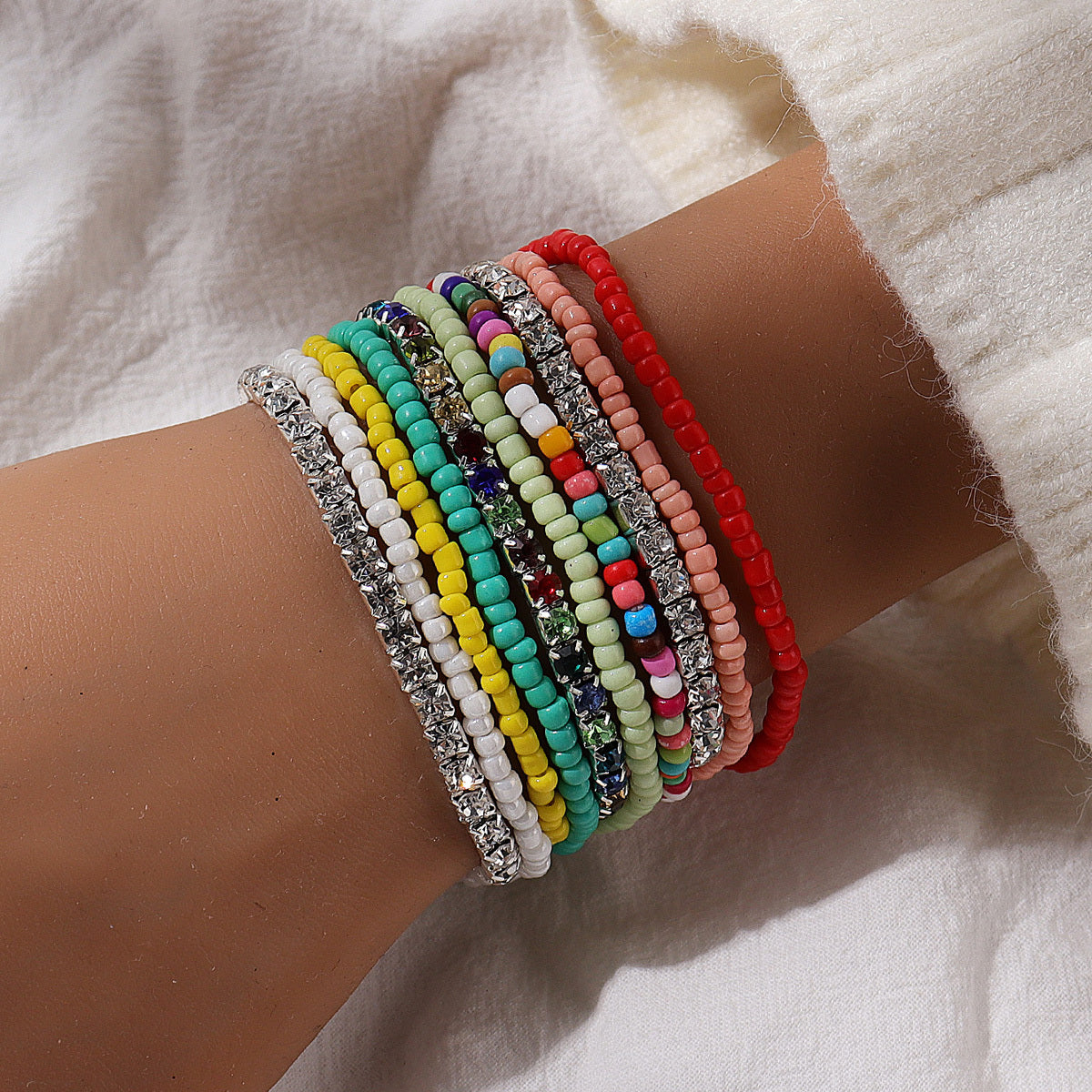 Boho Ethnic Seed Beaded Rhinestone Elastic Bracelets with Charms