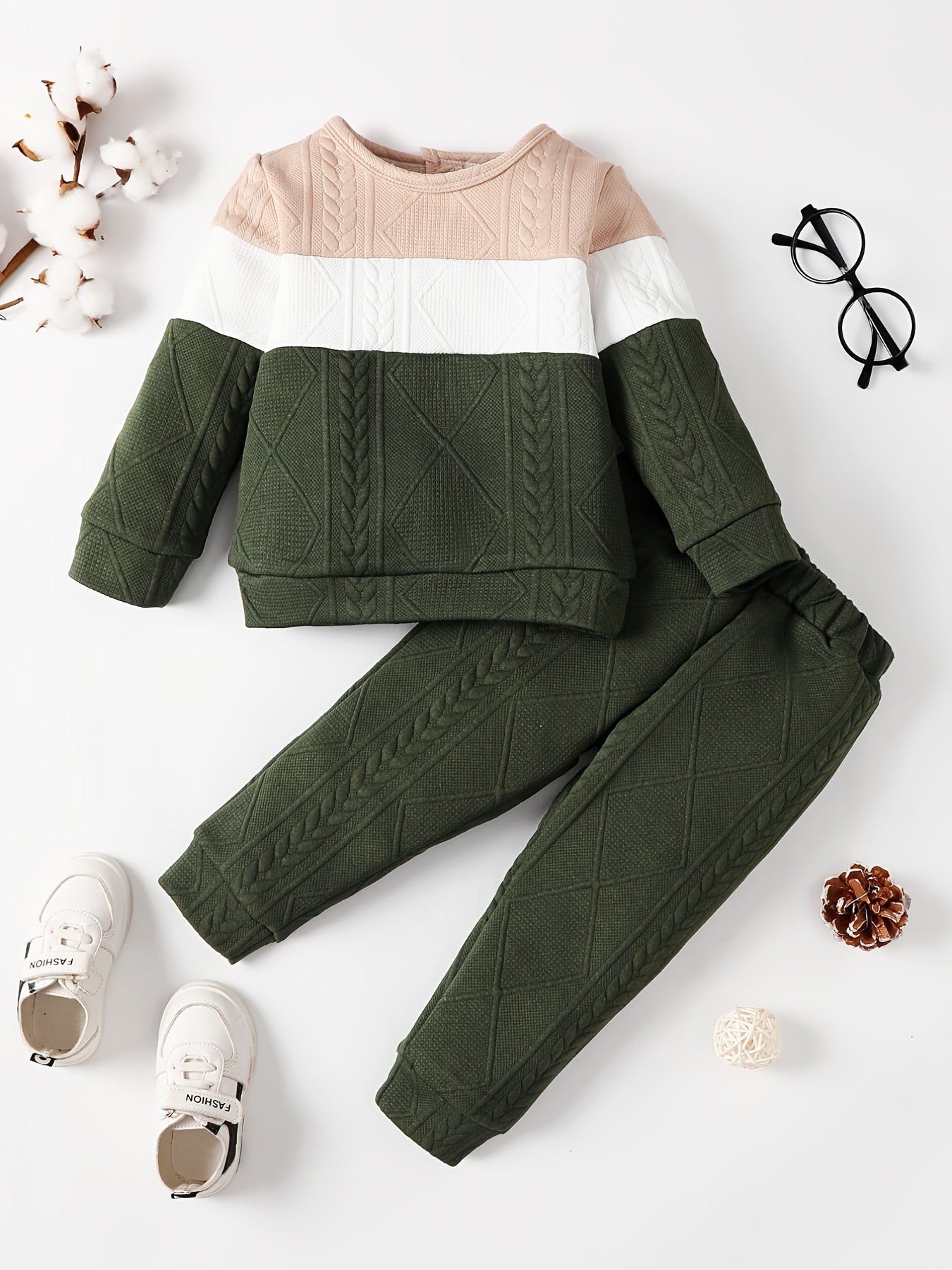 Boys Casual Knitted Color Block Pullover Top & Pants Set