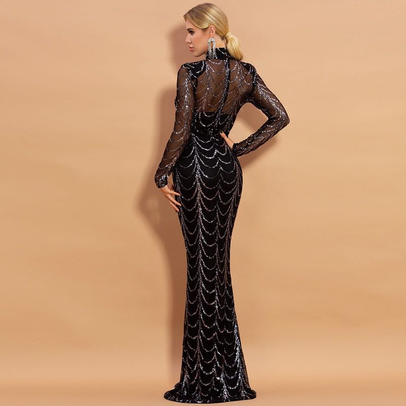 Black Sequin Web Evening Gown