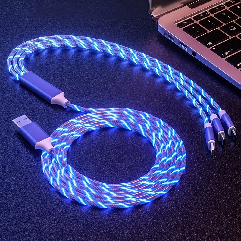 1.2m/3.9ft 3-In-1 LED Flowing Light, Charging USB Cable For Android, Type-C