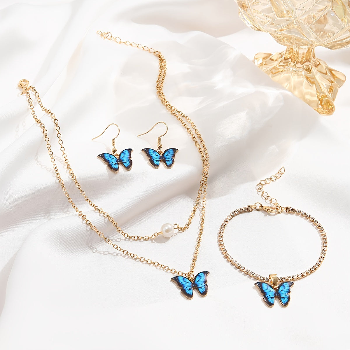 4 pc Butterfly Pendant Jewelry Set With Drop Necklace, Chain Bracelet, & Dangle Earrings