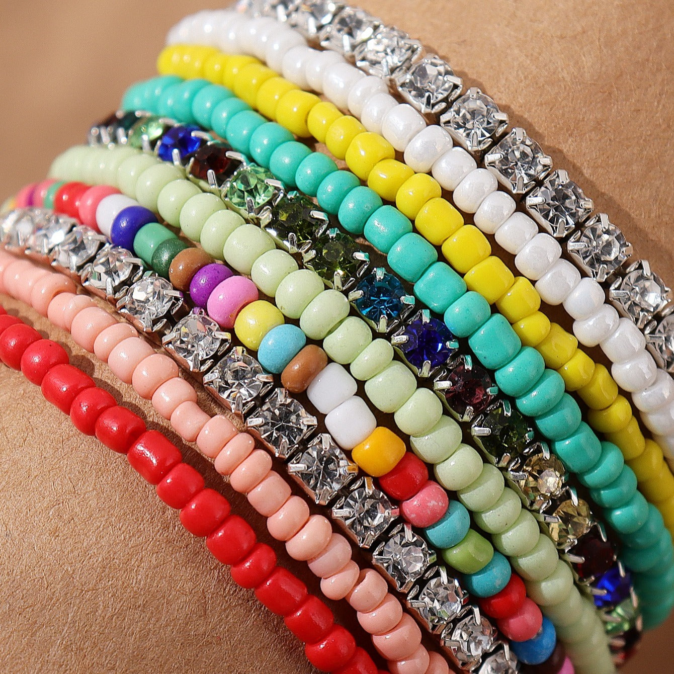 Boho Ethnic Seed Beaded Rhinestone Elastic Bracelets with Charms