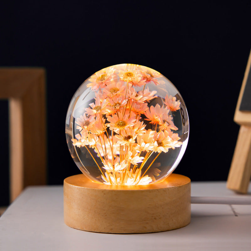 Luminous 3D , Preserved Flower Crystal Ball, with Beech Wood Stand Base