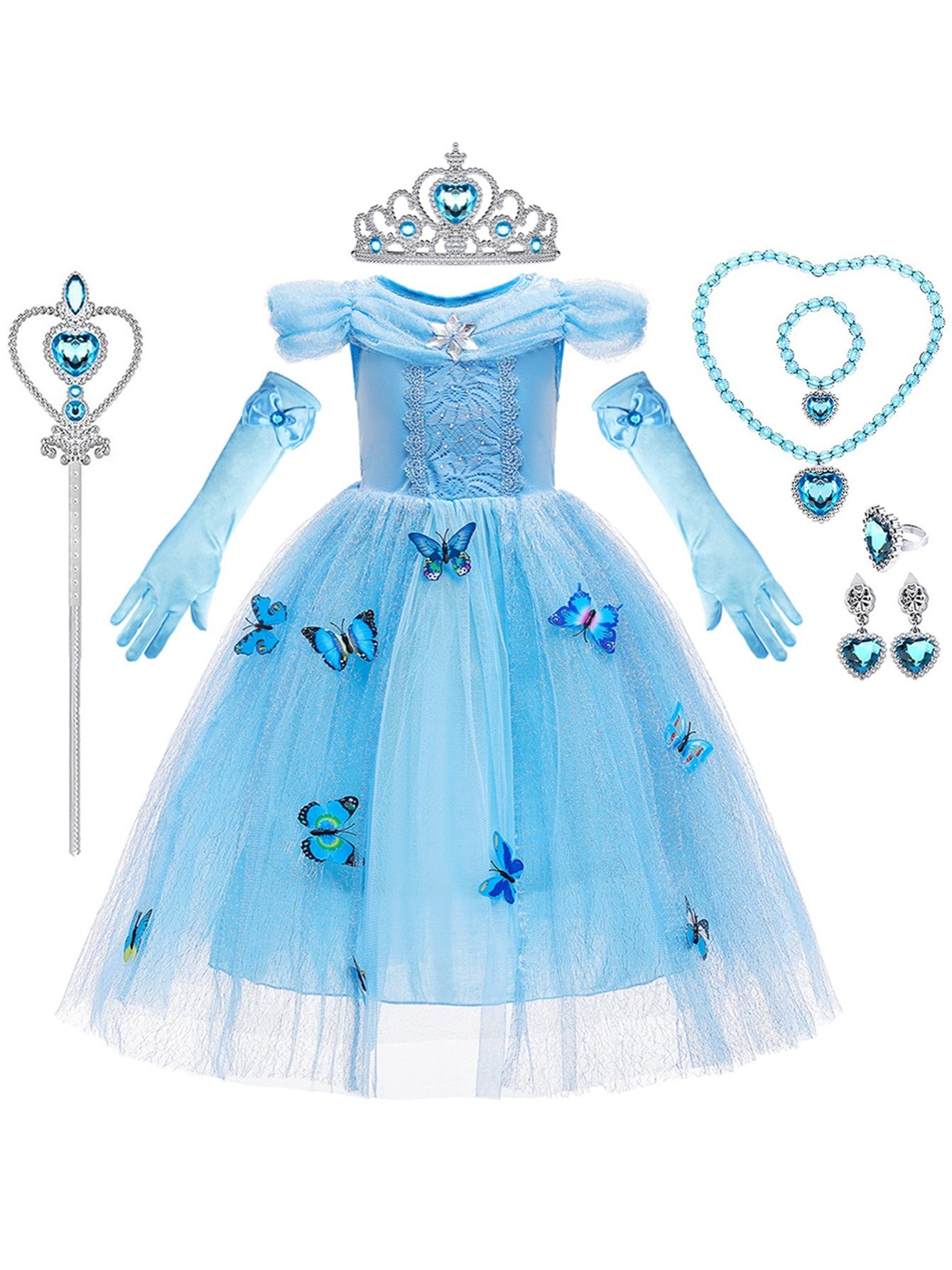 9pc  Cinderella Princess Dress Costume, Jewelry, Gloves, Crown & Princess Wand