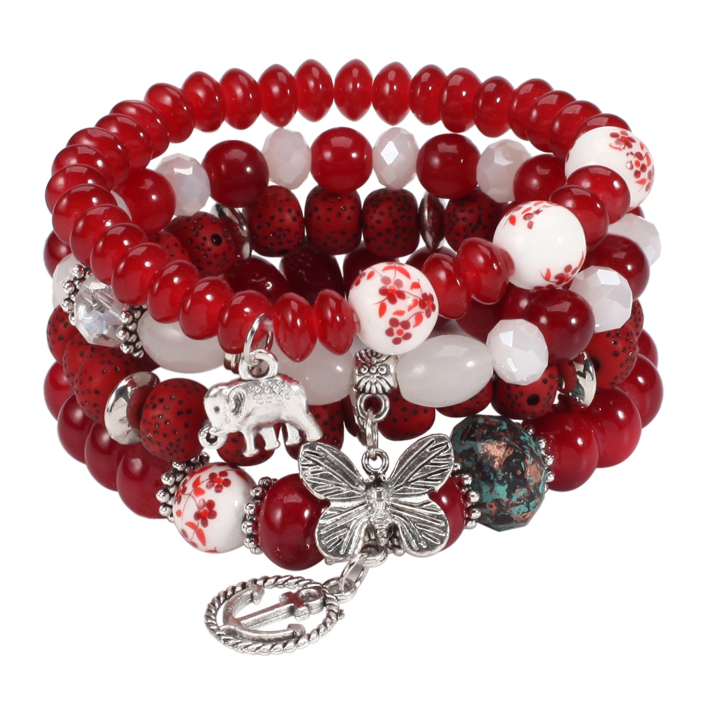 Bohemian Layered Beaded Bracelet, Elephant, Anchor, & Butterfly Shaped Pendants, Stretch & Stackable