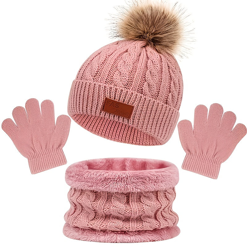 3pc Girls Knitted Thermal Beanie Hat & Gloves & Scarf Set