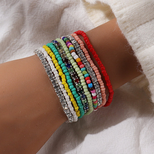 Boho Ethnic Seed Beaded Rhinestone Elastic Bracelets with Charms