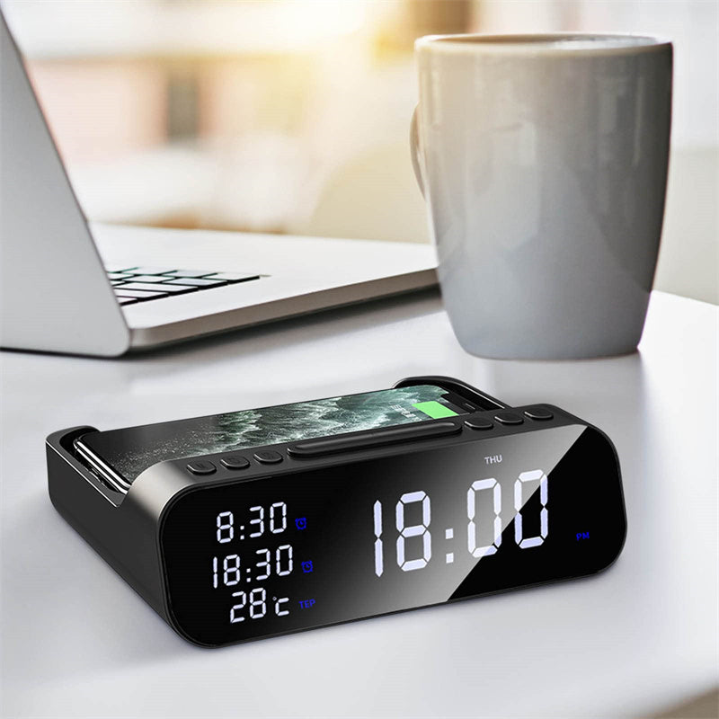 Multi Alarm Clock with Fast Charging Mobile Phone Charging Station, USB, and built-in thermostat