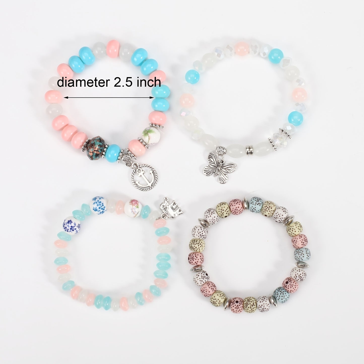 Bohemian Layered Beaded Bracelet, Elephant, Anchor, & Butterfly Shaped Pendants, Stretch & Stackable