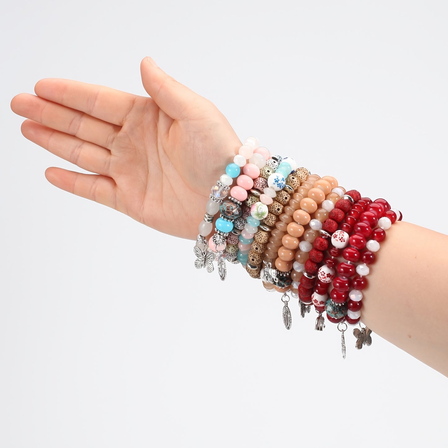 Bohemian Layered Beaded Bracelet, Elephant, Anchor, & Butterfly Shaped Pendants, Stretch & Stackable