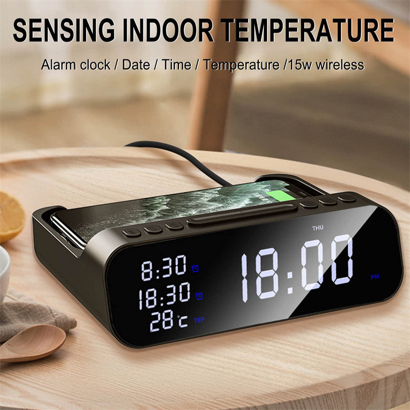 Multi Alarm Clock with Fast Charging Mobile Phone Charging Station, USB, and built-in thermostat