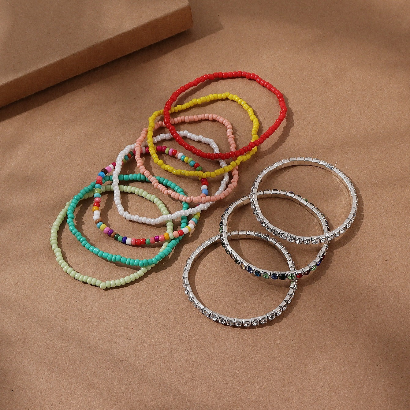 Boho Ethnic Seed Beaded Rhinestone Elastic Bracelets with Charms