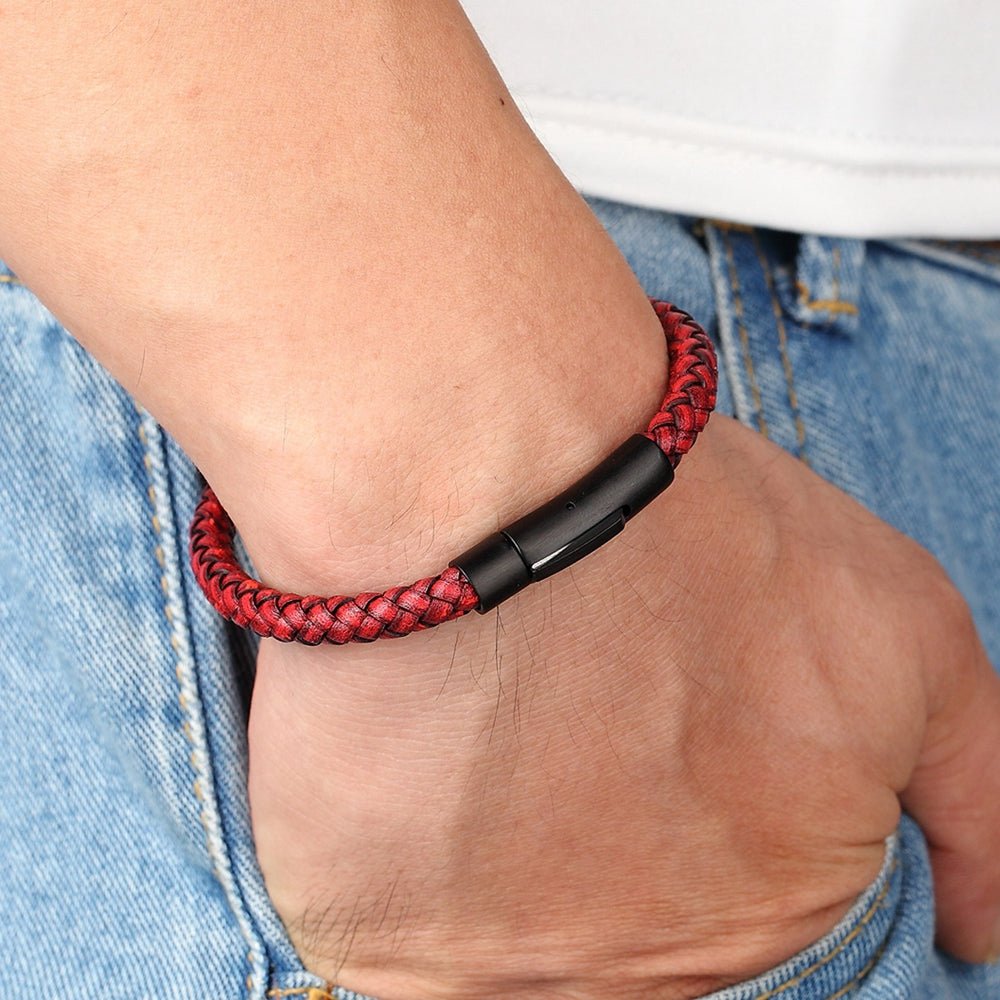 Classic Style Mens Leather Bracelet, Simple Black Stainless Steel Button,  Handwoven