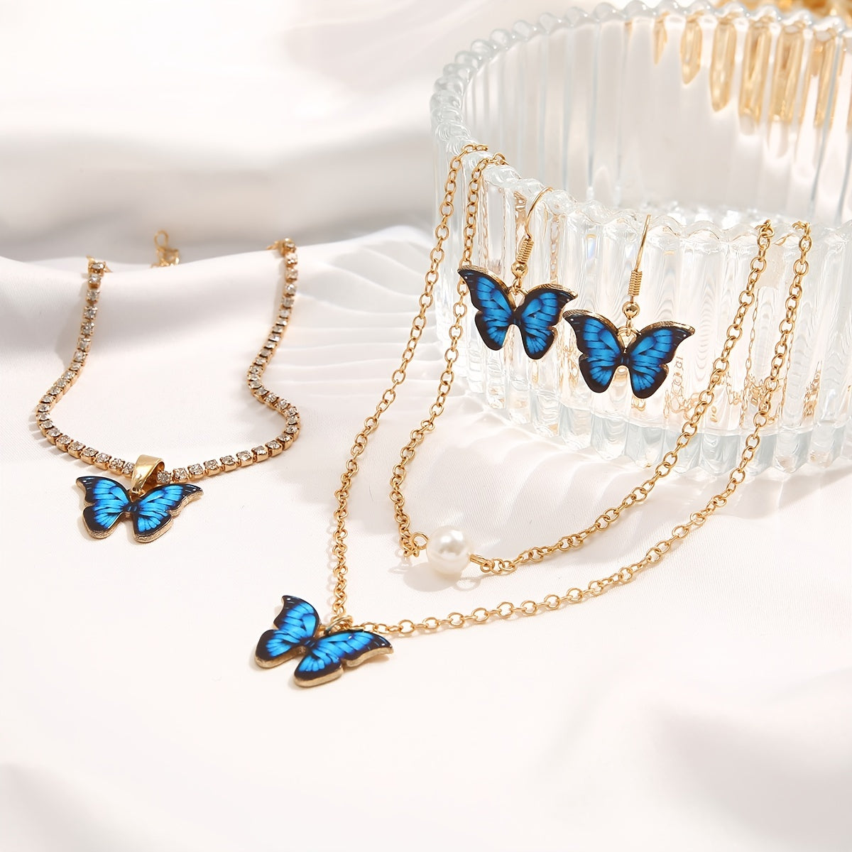 4 pc Butterfly Pendant Jewelry Set With Drop Necklace, Chain Bracelet, & Dangle Earrings