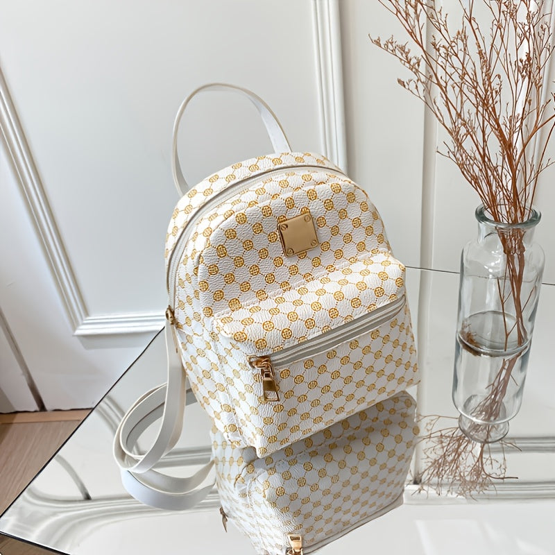 Cute Zippered, Geometric Pattern Backpack With Adjustable Strap