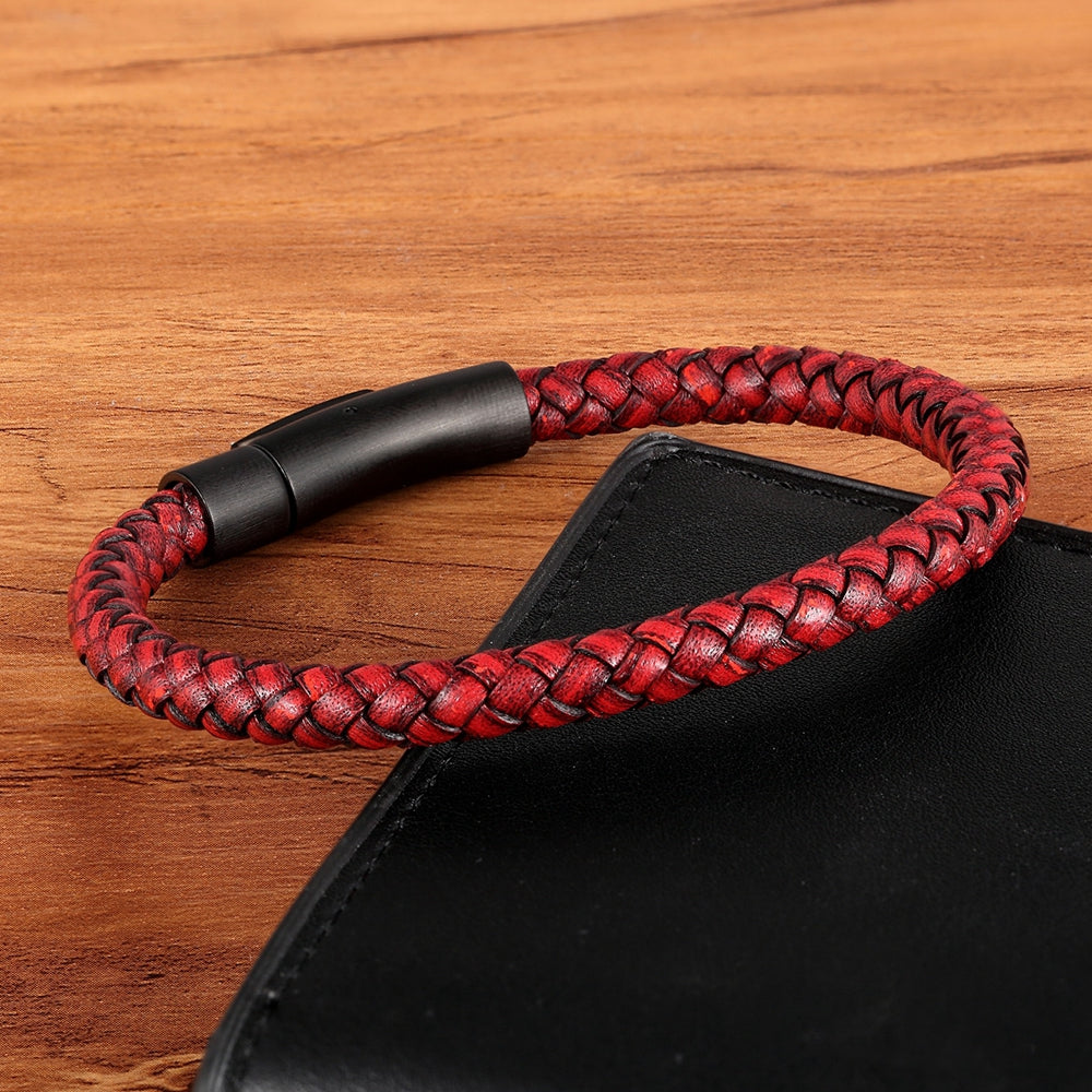 Classic Style Mens Leather Bracelet, Simple Black Stainless Steel Button,  Handwoven