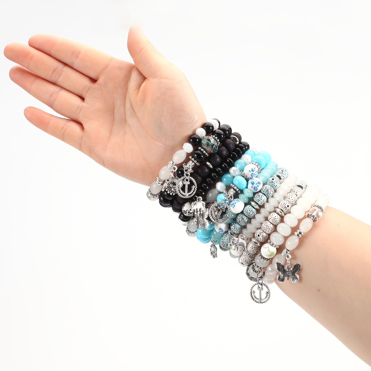 Bohemian Layered Beaded Bracelet, Elephant, Anchor, & Butterfly Shaped Pendants, Stretch & Stackable