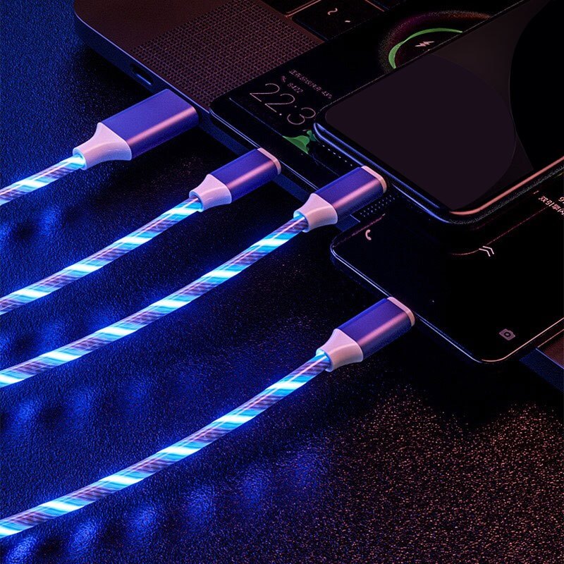 1.2m/3.9ft 3-In-1 LED Flowing Light, Charging USB Cable For Android, Type-C