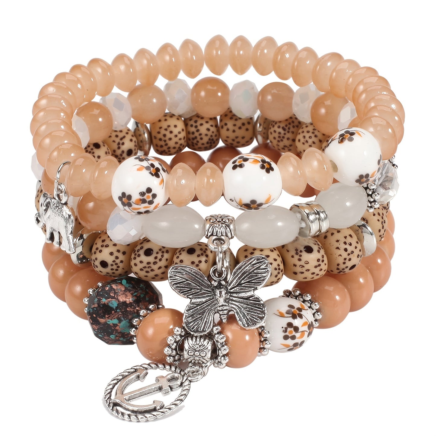 Bohemian Layered Beaded Bracelet, Elephant, Anchor, & Butterfly Shaped Pendants, Stretch & Stackable