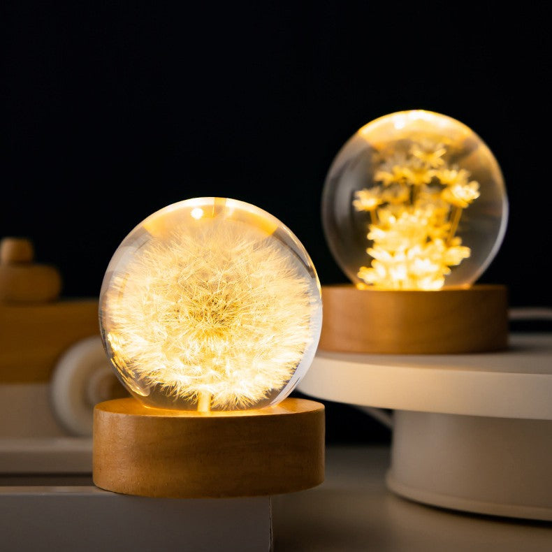 Luminous 3D , Preserved Flower Crystal Ball, with Beech Wood Stand Base