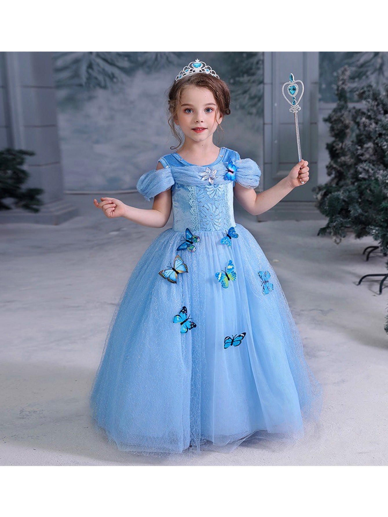 9pc  Cinderella Princess Dress Costume, Jewelry, Gloves, Crown & Princess Wand