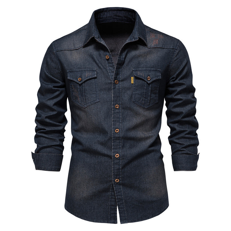 Denim, non-iron, men's casual long-sleeved shirt